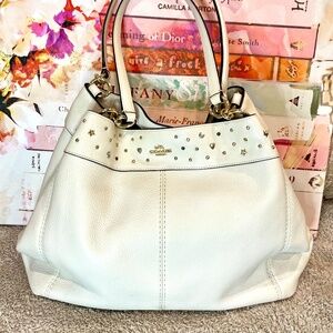Coach Lexy Stardust Hobo Studded Charms Chalk Leather Shoulder Bag Purse EUC